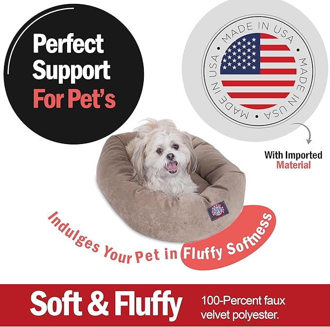 Majestic Pet 24 Inch Micro Velvet Calming Dog Bed Washable – Cozy Soft Round Dog Bed with Spine for Head Support - Fluffy Donut Puppy Mat 24x19x7 (inch) Small - Pearl (2025)