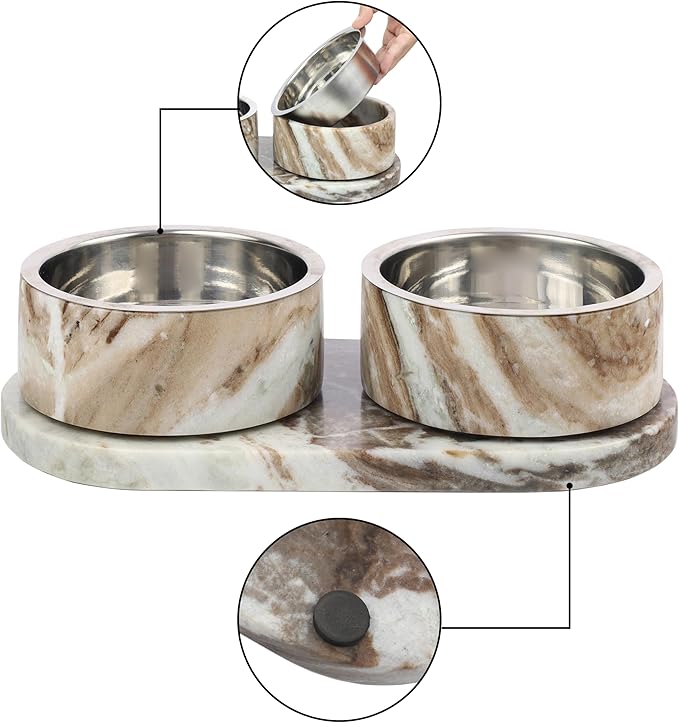 DBL1000C Marbre Small/Medium Modern Weighted Double Marble and Stainless Steel Bowl 12oz (1.5 Cups) Feeder with Non-Slip Marble Tray Set, Beige/Gray