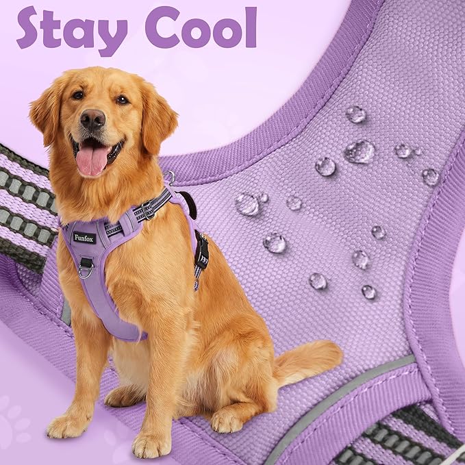 Funfox Dog Harness No Pull, Adjustable Pet Vest Harness, Super Soft Material with Vertical Handle Easy Control, Reflective Night Walking, 2 Leash Clips for Large Dogs, Purple, L