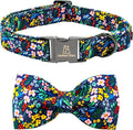 Lionheart glory Dog Collar Darkblue Flower Dog Bow Collars Floral Dog Collar with Bow Male or Female Spring Fall Pet Gift Durable Adjustable Dog Collar for Large Dogs