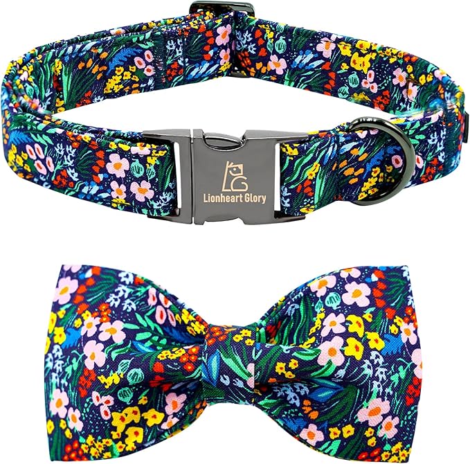 Lionheart glory Dog Collar Darkblue Flower Dog Bow Collar Floral with Bow Adjustable Soft Pet Collars Male or Female Spring Summer Collars for Small Dogs Puppy