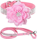 Cute Dazzling Sparkling Elegant Fancy Soft Suede Leather Bling Rhinestone Crystal Jeweled Pet Cat Dog Puppy Collar Dog Leash Combo Set (M(Neck 12.5-15"), Pink-6)