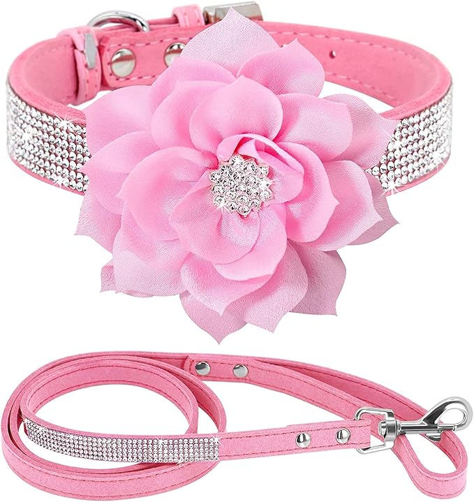 Cute Dazzling Sparkling Elegant Fancy Soft Suede Leather Bling Rhinestone Crystal Jeweled Pet Cat Dog Puppy Collar Dog Leash Combo Set (M(Neck 12.5-15"), Pink-6)