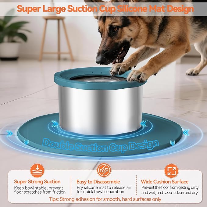 Decflow 12L No Spill Dog Water Bowl for Large Dogs, Stainless Steel Spill Proof Bowls with Suction Cup Anti-Skid Mat, Slow Feeder for Messy Drinkers, Heavy Duty Pet Bowls for Indoor/Outdoor Blue