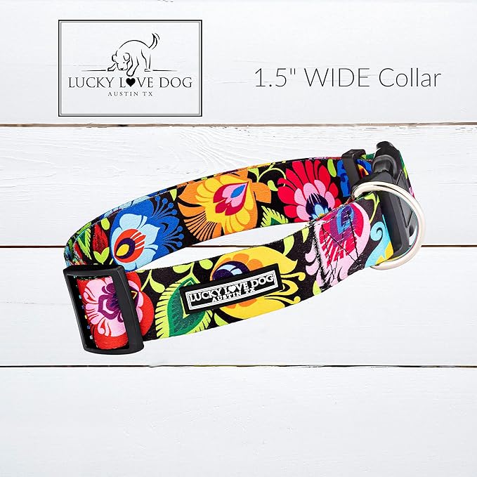 Lucky Love Dog Wide Dog Collar - Adjustable, Durable, Soft Webbing, & Comfortable 1.5 inch Wide Collar for Dogs Male and Female with Strong Buckle - Blackbird, Large
