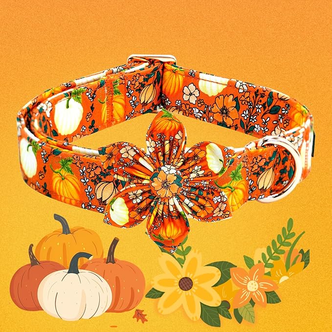 Elegant little tail Fall Dog Collar, Halloween Pet Collars with Flower Cute Pumpkin Print Puppy Collar Female or Male Cotton Adjustable Collars for Small Medium Large Dogs