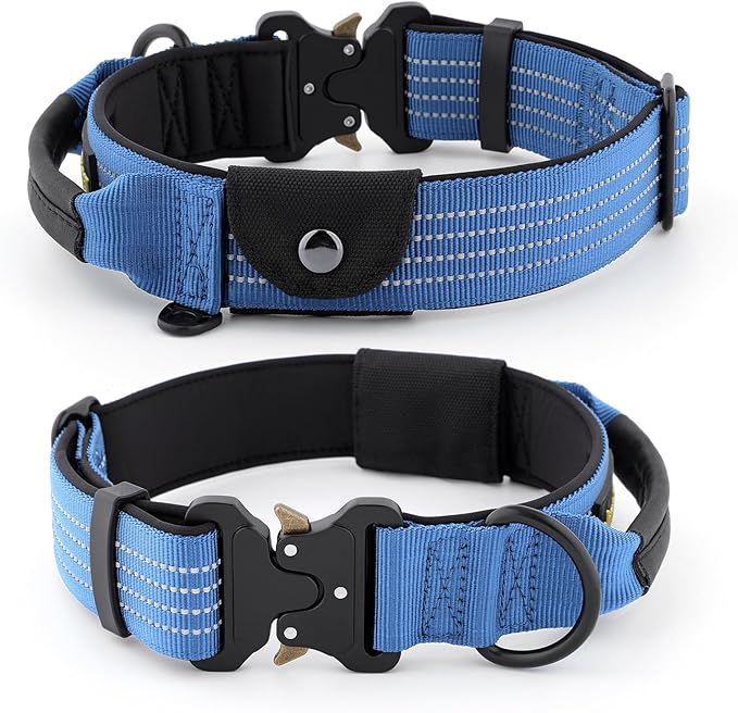 Plutus Pet Tactical Dog Collar with Tracker Pocket for AirTag, Adjustable Reflective Nylon Collar, Metal Buckle, Leather-Wrapped Handle, Soft Padded for Medium Large Dogs (Blue, S)
