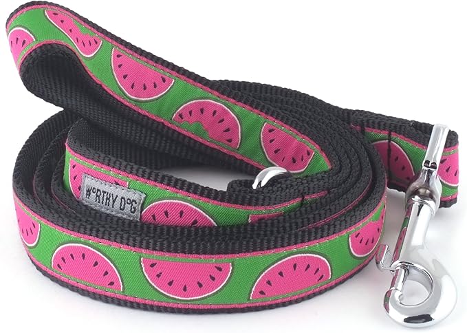 THE WORTHY DOG Watermelon Patterned Nylon Leash for Dogs, Stylish, Durable, Woven Ribbon - Dark Green, Large