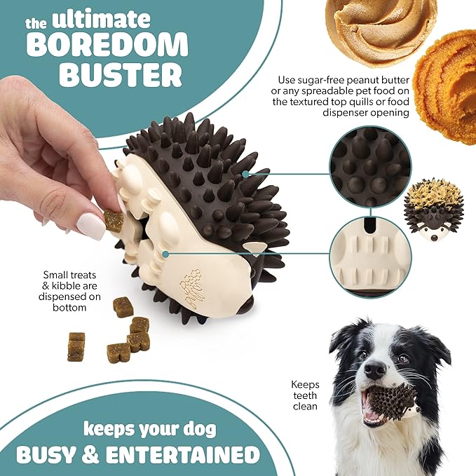 Bella Boo Pets Interactive Dog Toy for Strong Chewers - Freddy The Hedgehog All-in-One Treat Ball + Food Dispensing Slow Feeder Dog IQ Puzzle + Dental Chew Toy for Medium and Large Breed Dogs (Brown)