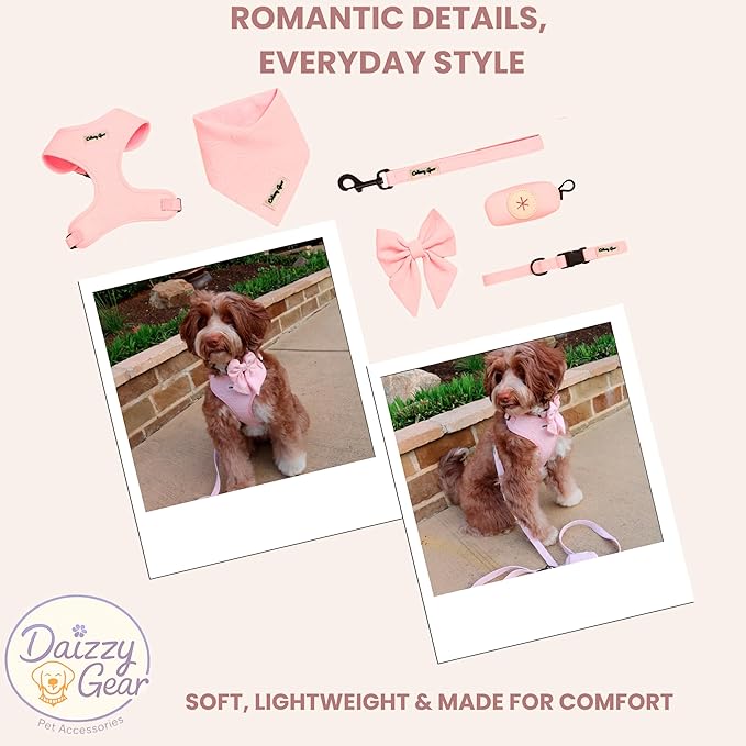 Small Dog Harness Set – Cute No Pull, All Weather, Breathable Harness and Leash Set with Collar, Bandana, Sailor Bow & Poop Bag Holder – Adjustable, Soft & Stylish - Pink Hearts on Jacquard Fabric