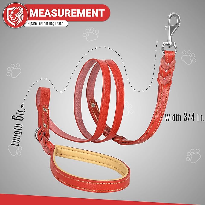 Riparo Leather Dog Leash 6ft with 2 Handles Padded Traffic Handle for Extra Control, Leather Dog Leashes for Large Breed Dogs Training Walking Heavy Duty Leashes for Dogs (Red, L: 3/4" x6ft)