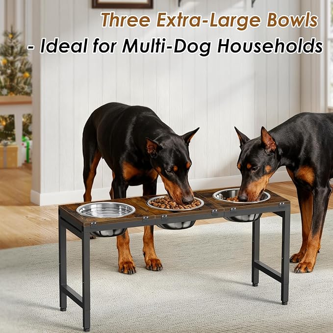 Elevated Dog Bowls Stand for Large Dogs - 3 Bowl Dog Feeder with Adjustable Height & Tilt, Stainless Steel Bowls & Wood Tray for Large Breeds, Triple Bowl Feeding Station, 3500ML*3 Capacity