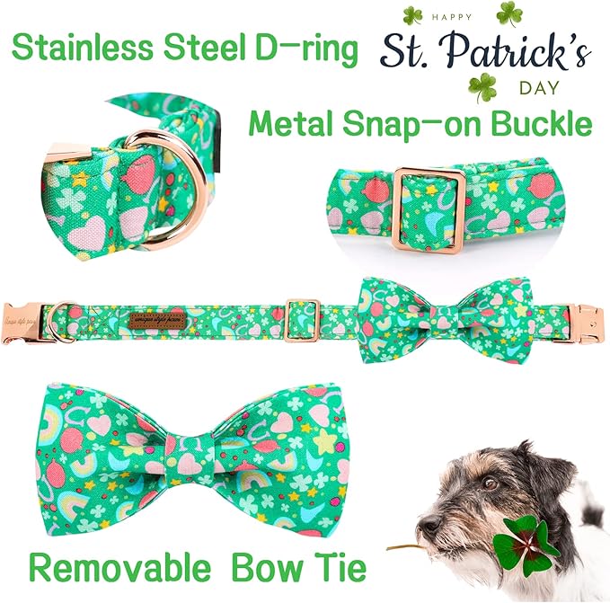 Unique style paws St. Patrick's Day Dog Collar with Bow Tie Rainbow Clover Heart Puppy Collar for Small Medium Large Boys Girls-XL
