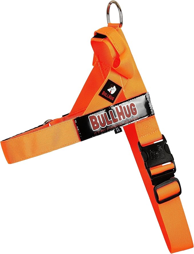 BULLHUG Adjustable Dog Harness– No Pull, No Choke – for English Bulldogs, French Bulldogs, Pugs & Broad-Chested Breeds – Easy, Safe Walks (NEON Orange, Large)