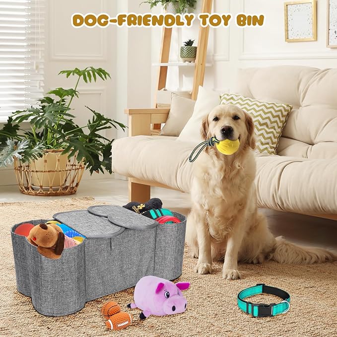 Lukeline Large Dog Toy Basket, Bone Shape Dog Toy Storage Box, Foldable Fabric Storage Bin for Pet toys and Pet Supplies, 26.4 * 12.6 * 9.5 Inches (1 Pack-Grey-Lid)