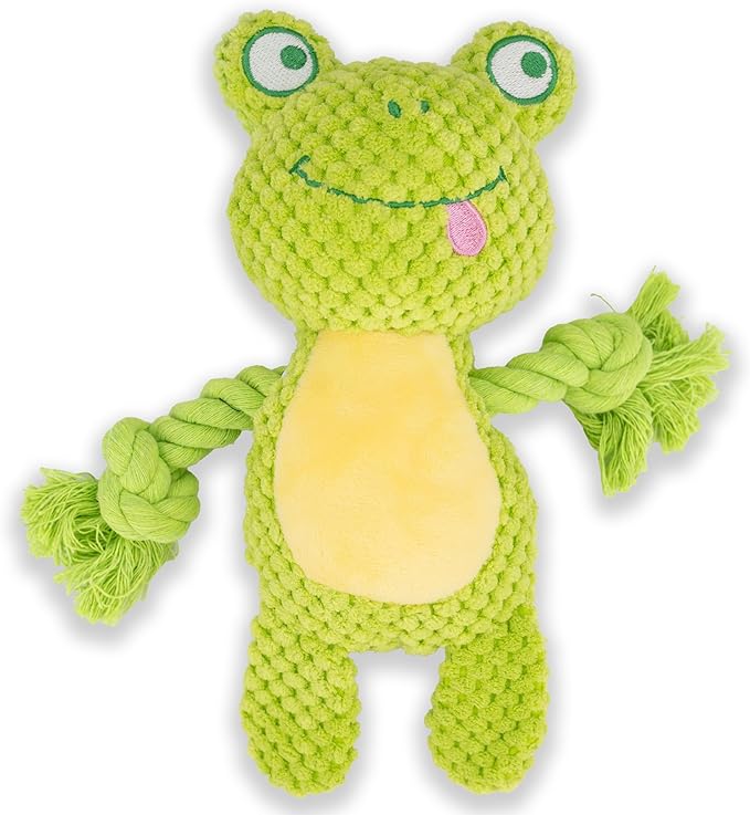 Dog Toy Squeaky Chewing Rope Stuffed Plush Animal with Crinkle Paper Interactive Soft Aggressive S-M-L Pets Gift Holiday Green Frog