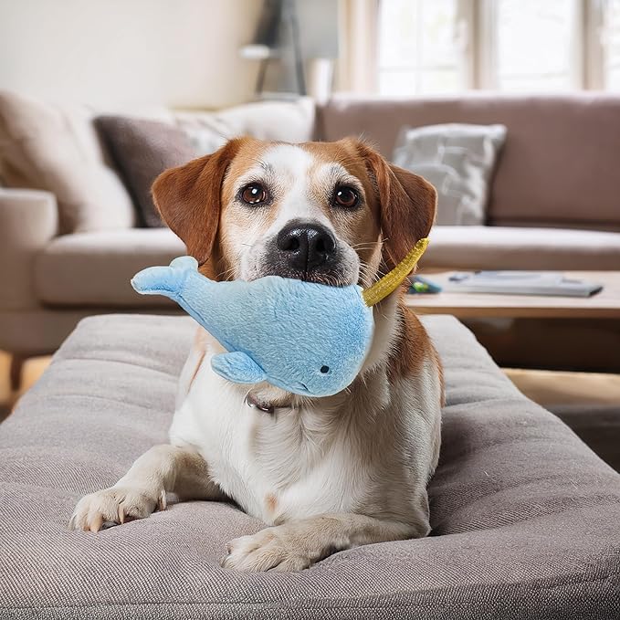 Narwhal Dog Toy | Whale Dog Toy | Squeaky Plush Narwhal | Whale Stuffed Squeaky Chew Dogs Toys | Realistic Animal Dogs Toys | Interactive Squeaky Whales | Small/Medium Breed | Blue | 8"