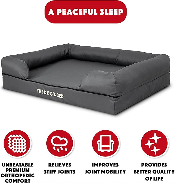 The Dog’s Bed Orthopedic Memory Foam Dog Bed with Bolsters, Oxford Fabric, Grey with Black Trim, Large