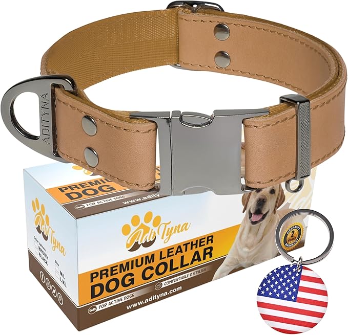 ADITYNA Leather Dog Collar with Metal Buckle - Heavy-Duty, Adjustable for Large & Extra Large Dogs - Walking & Training (CamelBrown, Fits 19-30" Necks)