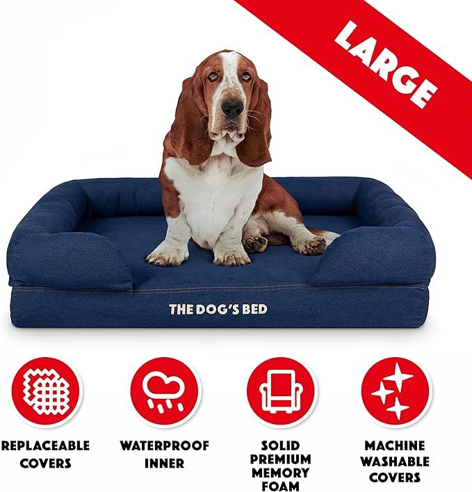 The Dog’s Bed Orthopedic Memory Foam Dog Bed with Bolsters, Oxford Fabric, Blue Denim, Large