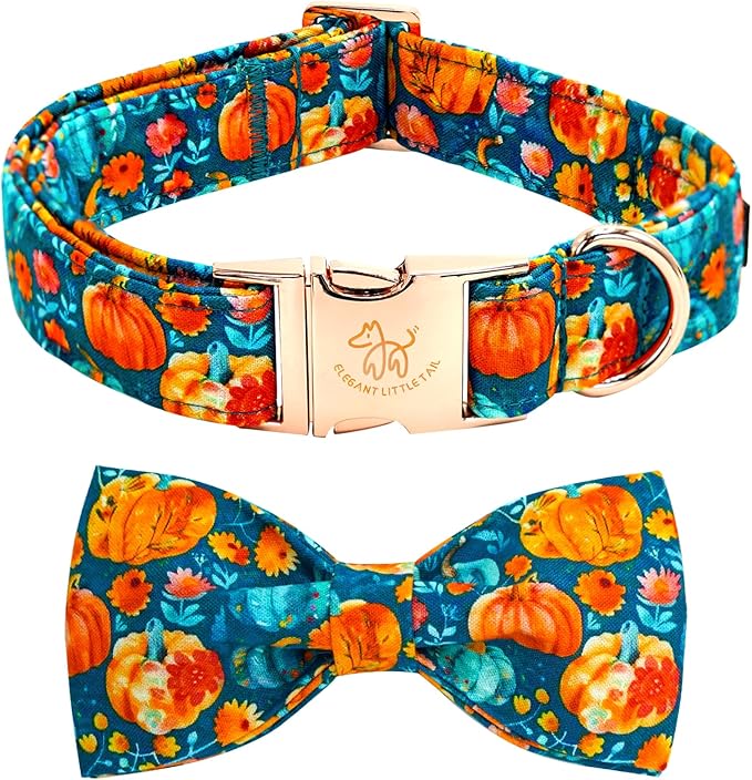 Elegant little tail Fall Dog Collar, Halloween Pet Collars with Bow Cute Pumpkin Print Puppy Collar Female or Male Cotton Adjustable Collars for Small Medium Large Dogs