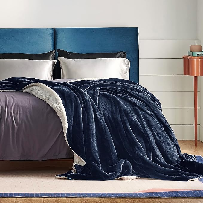 Bedsure GentleSoft Sherpa Fleece Blanket Queen Size for Bed, Non-Heated, Thick and Warm Throw for Women and Men, Soft Fuzzy Plush Queen Blanket for Winter, Navy, 90x90 Inches