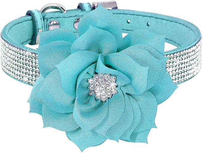 Cute Dazzling Sparkling Elegant Fancy Soft Suede Leather Bling Rhinestone Crystal Jeweled Pet Cat Dog Puppy Collar Dog Leash Combo Set (S(Neck 10-12.5"), Blue-6)