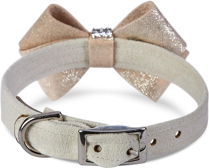 Susan Lanci Designs Ultrasuede Premium Dog Collar with Nouveau Bow, Champagne Glitzerati, XX-Small