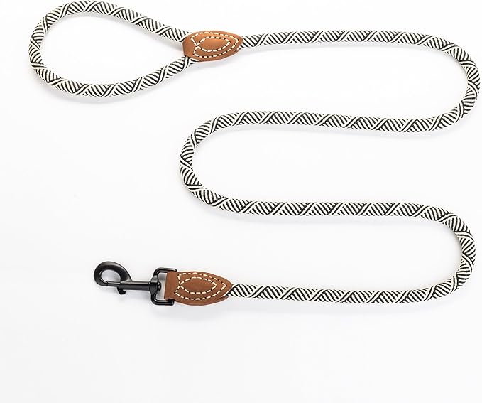 Mile High Life Rope Leash with Genuine Leather Connection, 6 FT/5 FT/4 FT, Heavy Duty Leash for Medium & Large Dogs (Black Beige, 48 Inch)