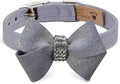 Susan Lanci Designs Ultrasuede Premium Dog Collar with Nouveau Bow, Platinum Glitzerati, XX-Small