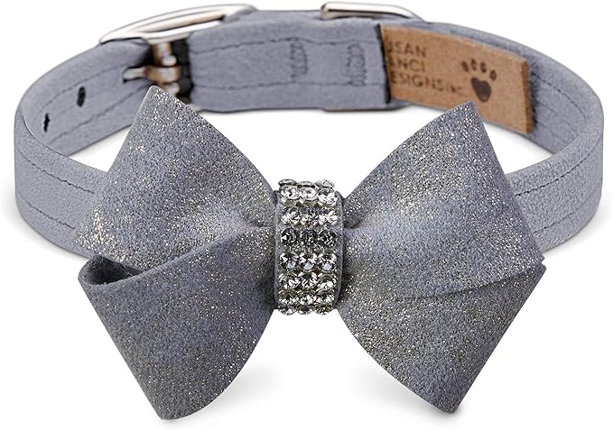 Susan Lanci Designs Ultrasuede Premium Dog Collar with Nouveau Bow, Platinum Glitzerati, X-Large
