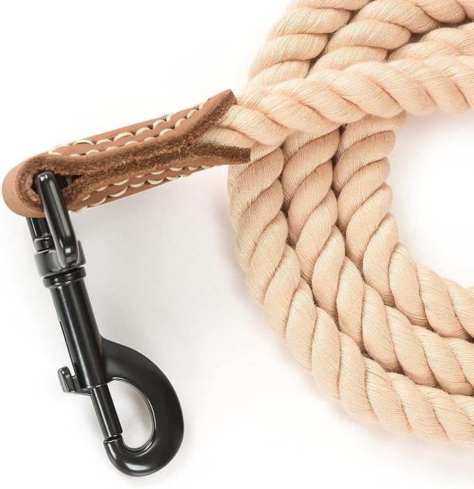 Mile High Life Dog Leash | Braided Cotton Rope Dog Leashes with Leather Tailor Tip | 5 Feet Dog Leash w Heavy Duty Metal Clasp | Wedding Dog Leash (Light Brown, 60 Inches)
