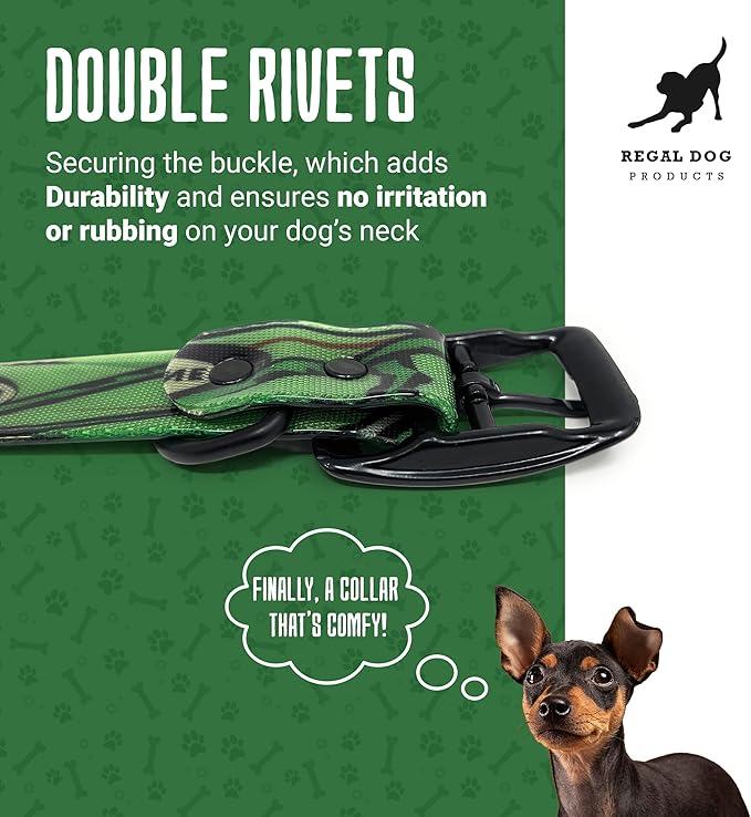 Regal Dog Products Medium Green Camo Hunting Dog Collar with Custom Engraved Name Plate and Heavy Duty Black Hardware | Waterproof Personalized Dog Collars | Other Sizes for Small, Medium & Large