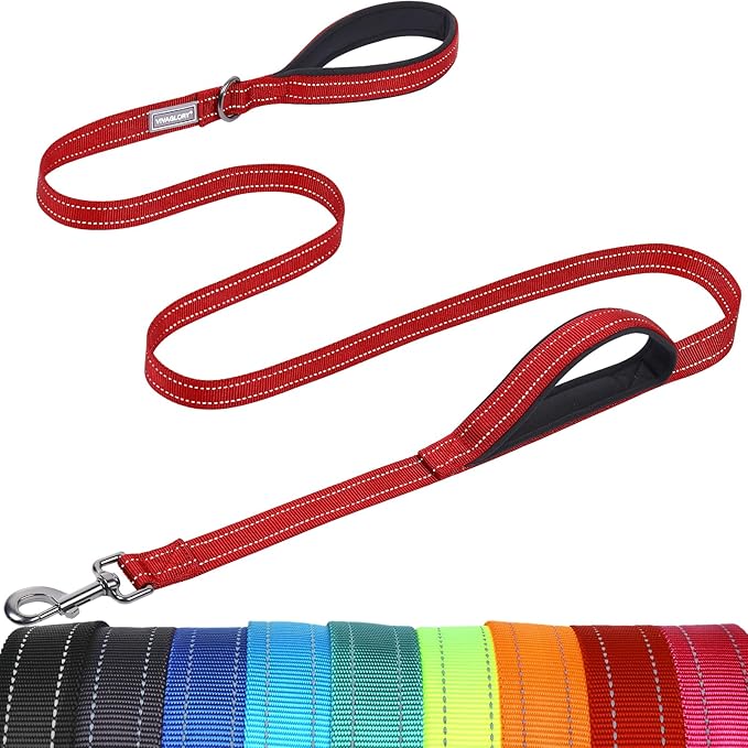 VIVAGLORY Twingrip Dog Leash, Double Handle Dog Leash for Training & Walking with Traffic Handle & 2 Loop, Traffic Control Reflective Heavy Duty for Puppy Pet, 4ft x 1in, Red