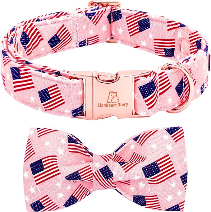 Lionheart glory American Flag Dog Collar 4 of July Independence Patriotic Dog Bow Collars Heavy Duty Adjustable Soft Collar with Bowtie for Small Dogs Pet Gift