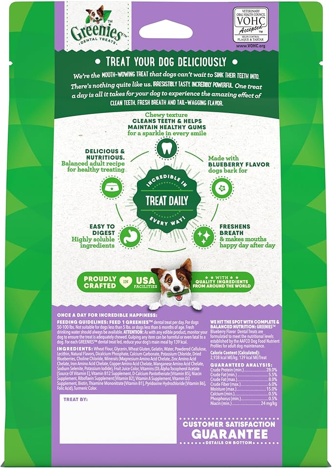 Greenies Dog Treats, Veterinarian-Recommended Natural Dental Dog Treats, Large Size, Blueberry Flavor, 12 oz. Pack, 8 Count