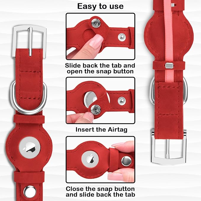 Leather Dog Collar with Airtag Holder - Apple Air Tag Dog Collars - Soft Tracking GPS Pet Collar for Small Medium Large Dogs Breed Puppy (Red, M, 12"-15" Neck Fit)