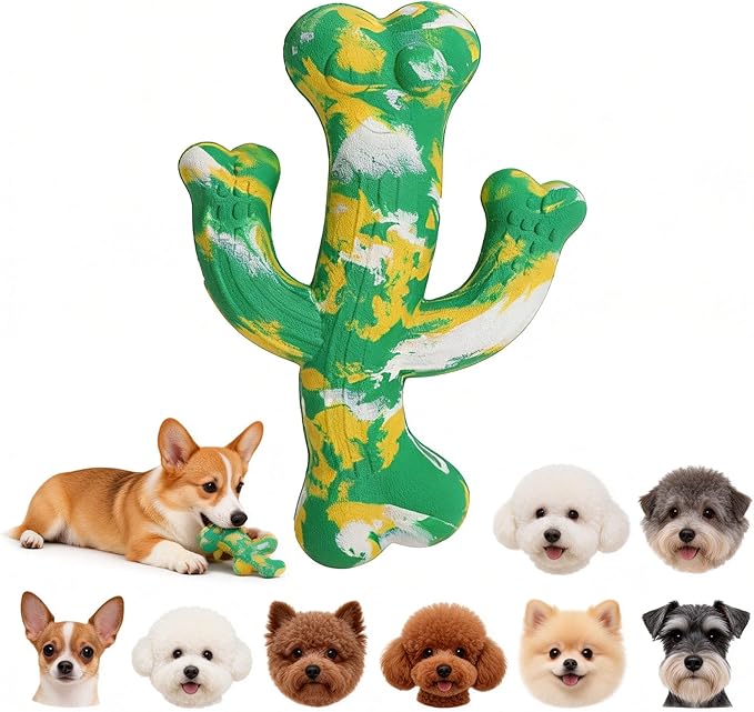 Natural Rubber Cactus-Shaped Dog Chew Toy, Green and Yellow Swirl, Durable Teething Toy for Small to Medium Breeds