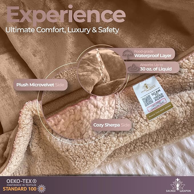 Sacred Weapon Waterproof Blanket Queen/Twin Size 50"x80" - Ultra-Soft Fleece Top & Sherpa Back - Noiseless, Absorbent Bed Protector - Machine Washable for Kids, Pets, Elderly Care - Beige