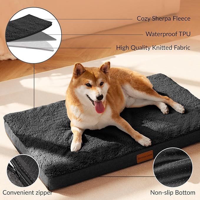 Patas Lague Orthopedic XL Dog Bed Large Sized Dog 42''X28'', Soft Waterproof Egg Crate Foam Large Pet Crate Beds Mat with Removable Washable Cover and Non-Slip Bottom, Black