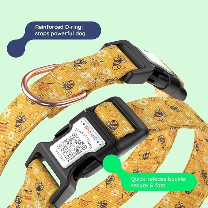 WhoseID Airtag Dog Collar,with Waterproof airtag Holder，Original Stylish Cute Pattern Design.QR Code ID Buckle，Comfortable Soft Cotton for Small Medium Large Dogs