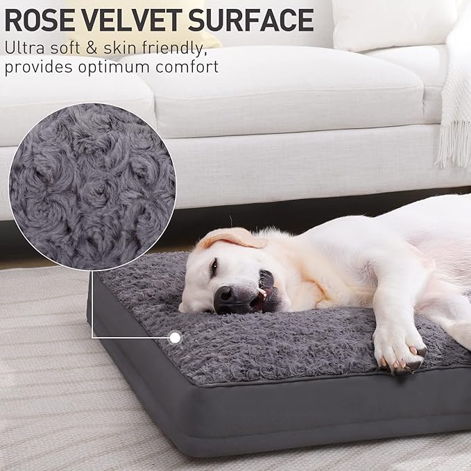 Dog Crate Bed Waterproof Jumbo Dog Beds for Extra Large Pets Rose Velvet Soft Fluffy Washable with Removable Cover & Anti-Slip Bottom, 47 x 29 Inch, Gray