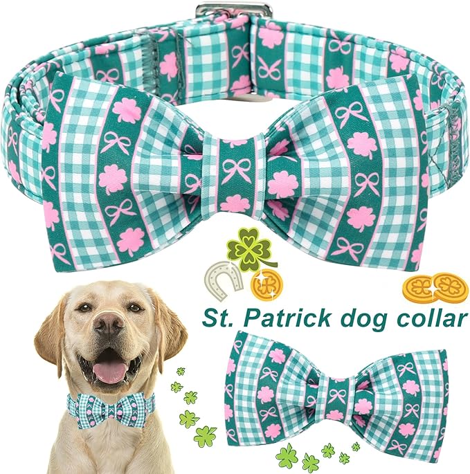 ARING PET St Patrick's Day Dog Collar, Cute Green Pet Shamrock Bowtie Collars with Metal Buckle for Puppy Small Medium Large Boy Girl Dogs-XS