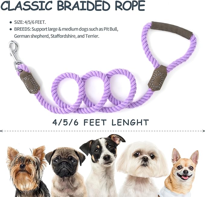 Mile High Life Dog Leash, Braided Cotton Rope Leashes with Leather Handle - Heavy Duty Metal Clasp, 4FT, 1/2" Thick - Wedding, Walking & Training Leash for Small Medium Large Dogs (Purple)