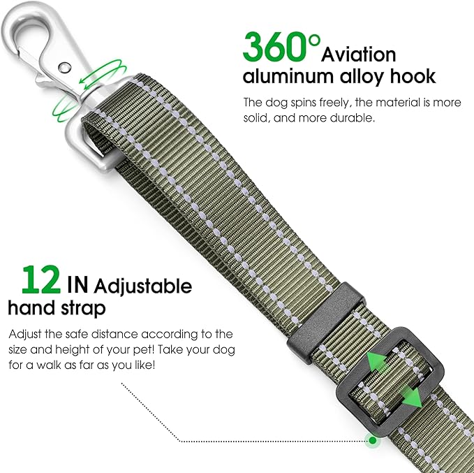 Hands-Free Dog Leash, Heavy Duty No-Pull Training Lead w/Anti-Tangle, Double Padded Traffic Handles Adjustable 5-5.6FT & Reflective Thread for Medium Large Dogs for Running/Walking Green