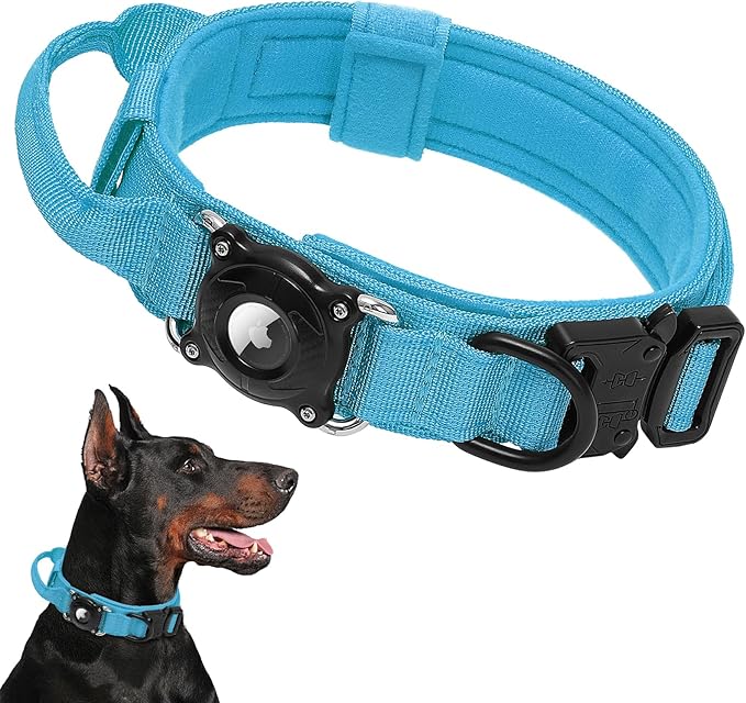 Tactical AirTag Dog Collar with Hard PC Holder - 100% Waterproof Military Collar with Handle & Integrated Apple AirTag Case for Medium & Large Dogs (Blue, L)