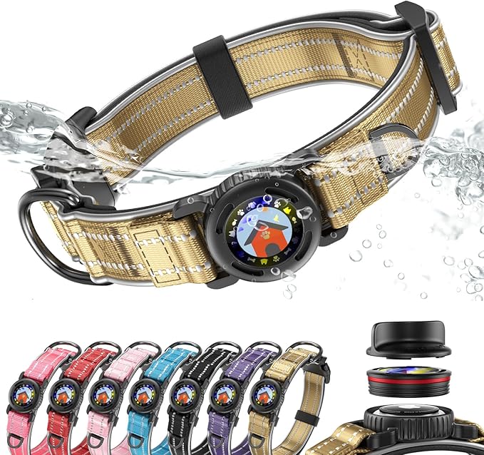 Upgrade Airtag Dog Collar,with IPX8 Waterproof AirTag Holder | Reflective Ultra-Durable | Soft Padded | Lock Buckle | Heavy Duty | Fit Small Medium Large Dogs（Champagne，S(12"～15")）
