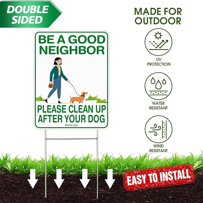 Faittoo Clean Up After Your Dog Signs, (4 Pack) 12"x9" Double Sided with Metal H-Stake No Poop Signs for Lawn, No Pooping Dog Signs for Yard Waterproof, Weather Resistant, Easy to Mount