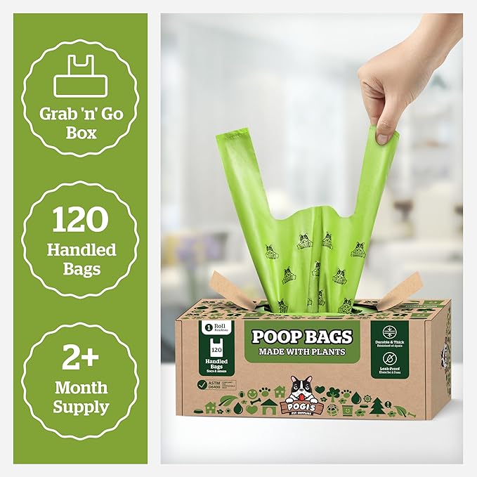 Pogi's Compostable Poop Bags with Easy-Tie Handles – Leak-Proof, Extra-Large, Made with Plants (Single Roll, 120-Count)