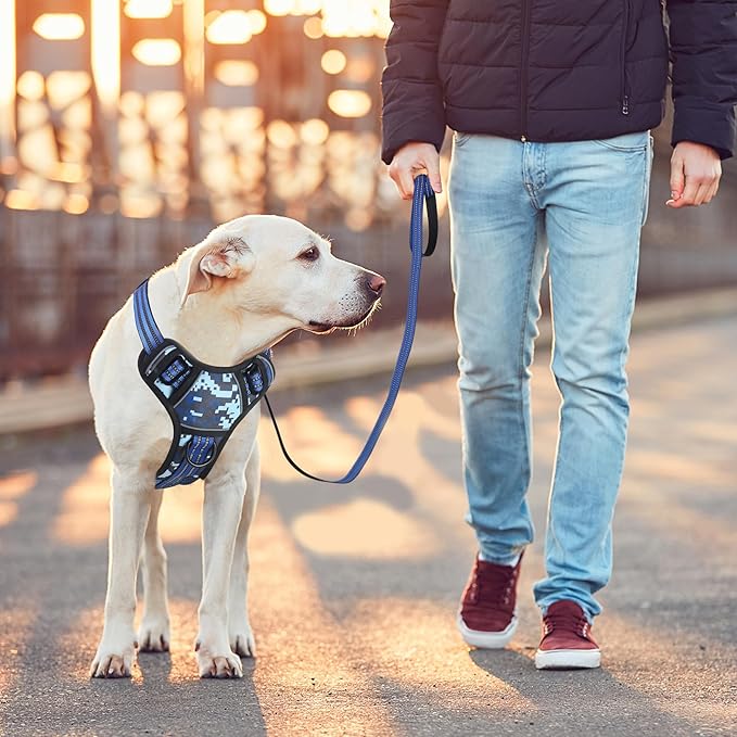 BUMBIN Dog Harness for Large Dogs, No Pull Adjustable No Choke Pet Vest with Dog Leash Fit Smart Reflective Pet Walking Harness for Training Easy Control Soft Handle Blue Camo L